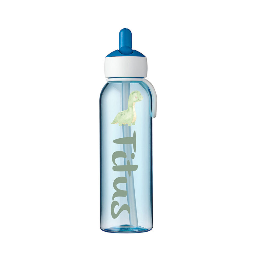 Niedliche Dinos mit Vulkan im Hintergrund mit Wunschnamen - Personalisierte Wasserflasche Campus Flip-Up