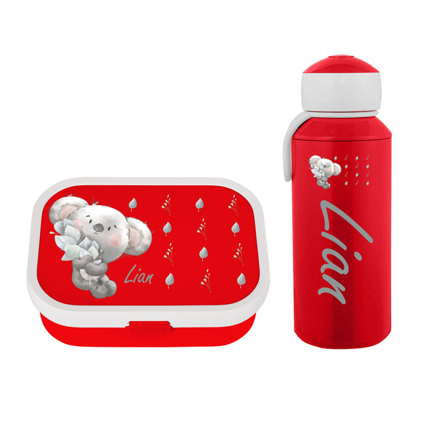 Niedliches Koala Motiv mit Wunschnamen | Pausenset Campus | Trinkflasche Pop-up und Brotdose