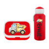 Niedliches Set mit Kipplaster Design und Wunschname | Pausenset Campus | Trinkflasche Pop-up und Brotdose