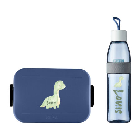 Niedlicher Dino mit Wunschnamen - Personalisiertes Kindergarten & Schul Set | Lunchbox & Wasserflasche